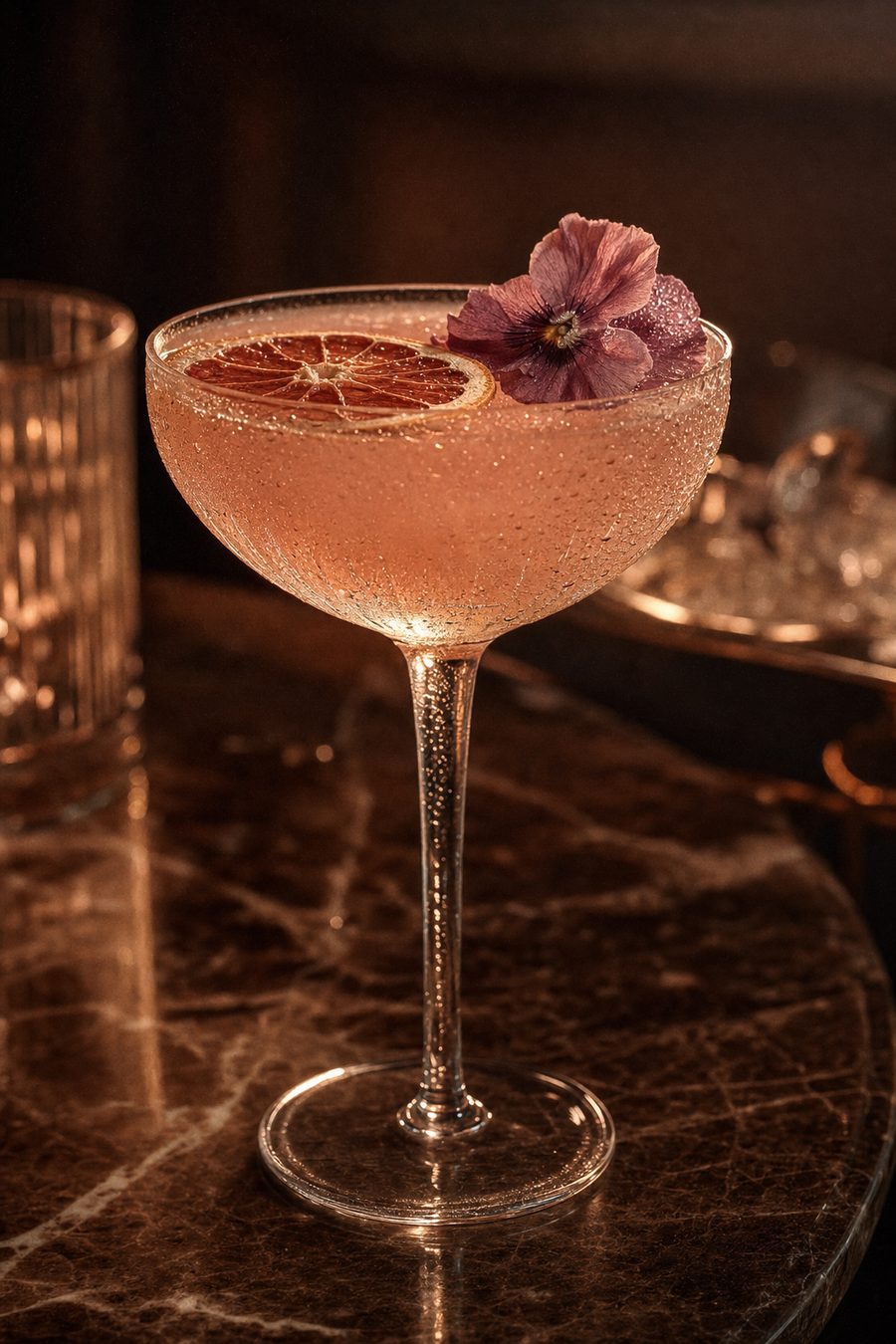 A styled blush signature cocktail with citrus and floral garnish, shown as Pourly menu inspiration.