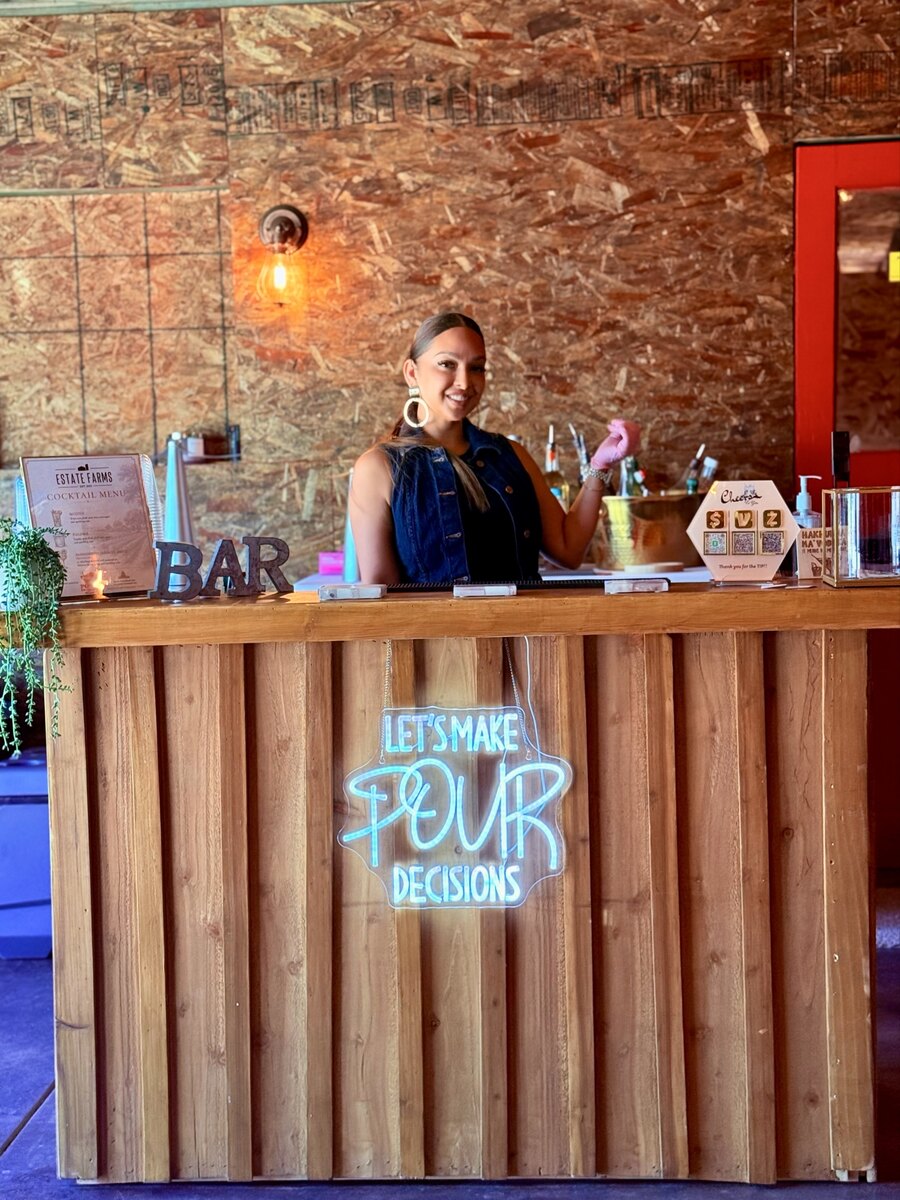 The original wood-front 916 Pour Decisions mobile bar set up for an event.